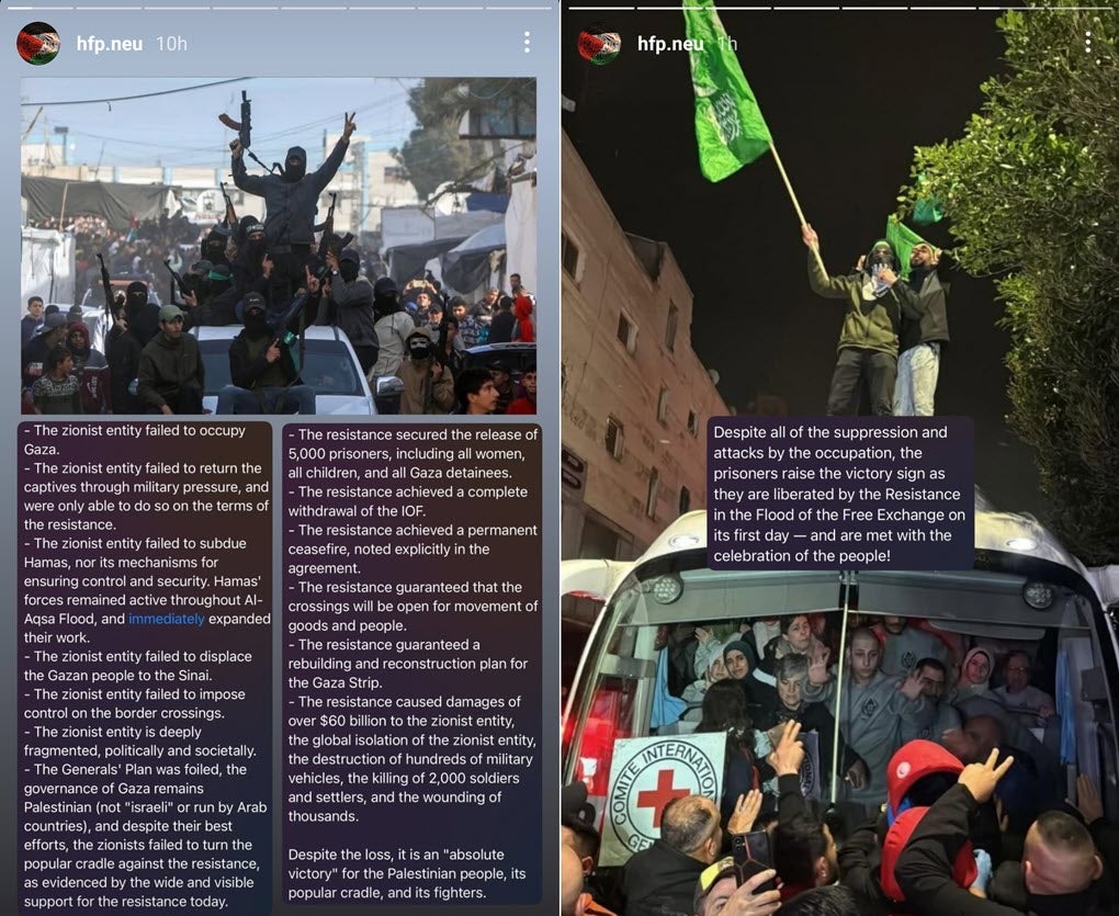 Screenshots from the Instagram profile of Huskies for a Free Palestine at Northeastern University celebrating Hamas amid the first phase of the ceasefire deal