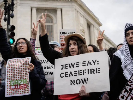 Demonstrators organized by Jewish Voice for Peace and IfNotNow rally to demand a ceasefire in Gaza on October 18, 2023 near the U.S. Capitol in Washington, DC.
